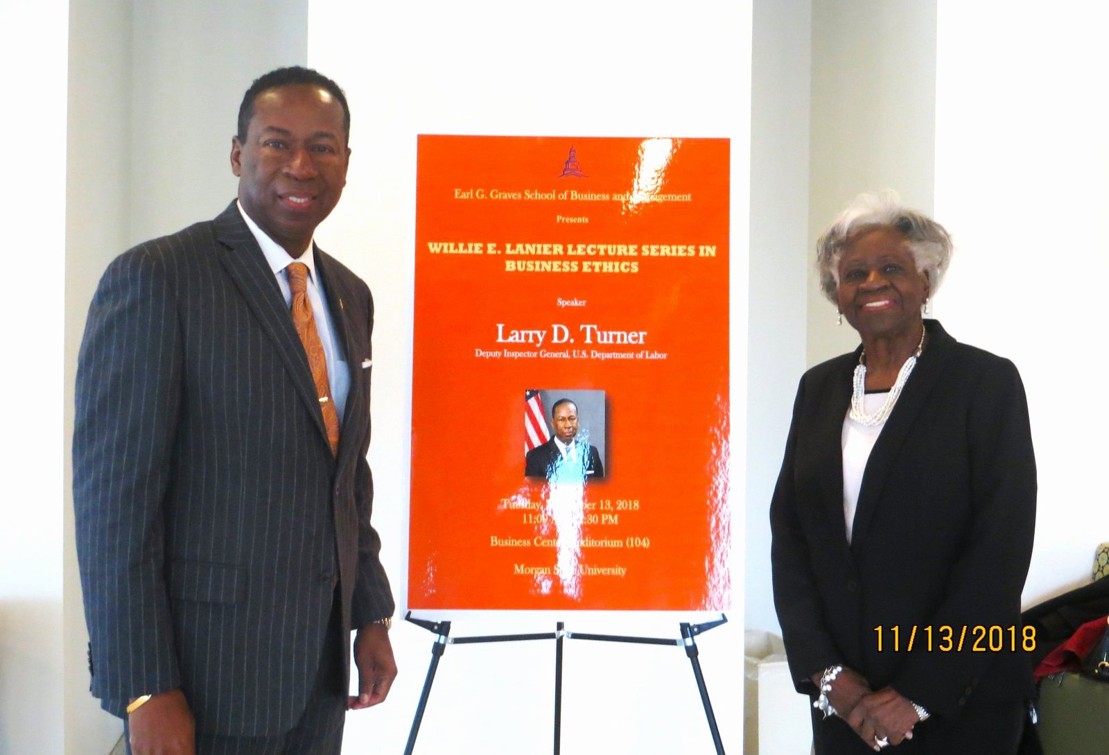 Larry D. Turner with his mother at the Willie E. Lanier Lecture Series in Business Ethics, Morgan State University